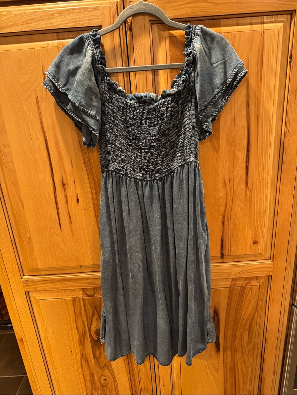 Doe & Rae Washed Blue Smocked Midi Dress